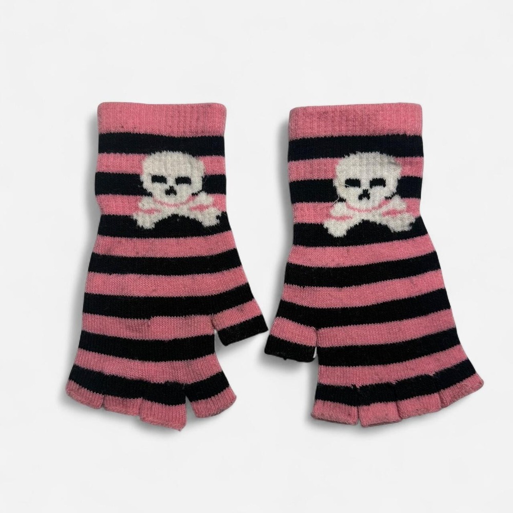 Sourpuss Pink Black Striped Skull Fingerless Gloves Emo Scene Y2K Arm Warmers